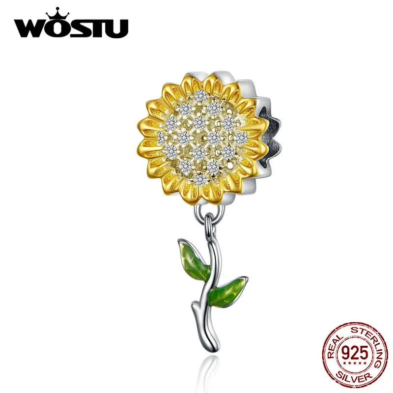 Подвеска WOSTU Sunflower Charm из стерлингового серебра 925 пробы с желтыми эмалевыми