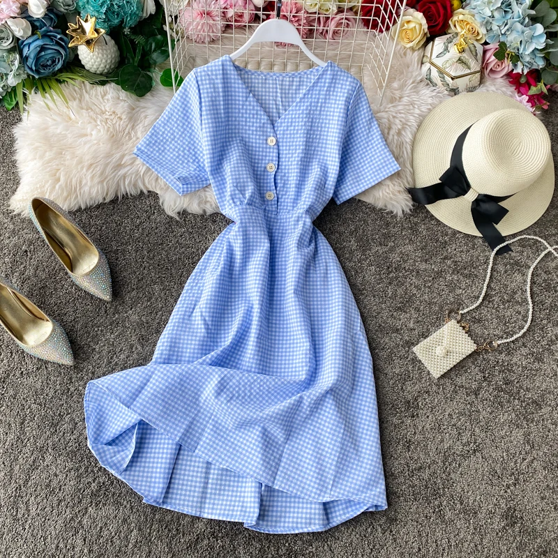 Teeuiear Slim Vintage V Neck Plaid Print Button Dress Slim ladies Summer Midi dress vestido de festa Party Women a-line Dresses