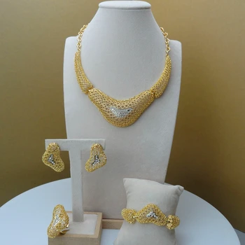 

Yuminglai Dubai Costume Jewellery Gold Color African Fashion Rhinestone Jewelry Sets for Women FHK6024
