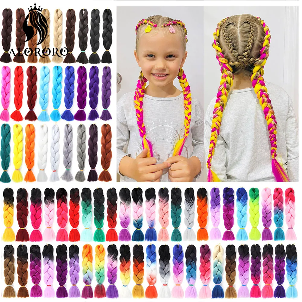 Braiding Hair Extensions 24 Inch Synthetic Kanekalon Hair Afro Pink Green Blue Ombre Crochet Jumbo Hair For Kids Braids Alororo