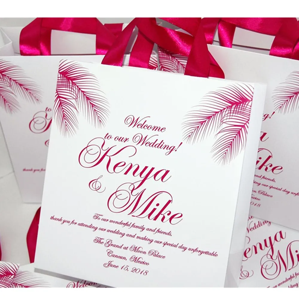 Personalized Wedding Welcome Bags with Fucshia satin ribbon and