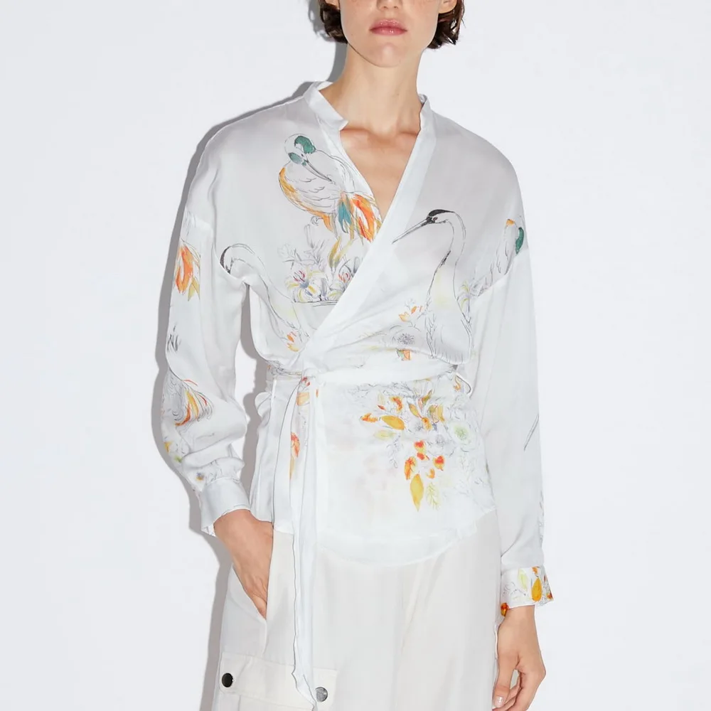 

2019 actumn women's PRINTED WRAP BLOUSE v-neck crossover female's print office lady shirts XS S M L