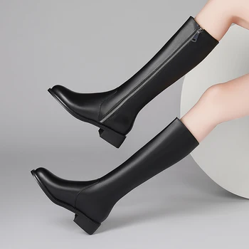 

Genuine Leather Women's knee high Boots Winter Women zippers Decotaion Thick med Heels boots Party Working Shoes Woman