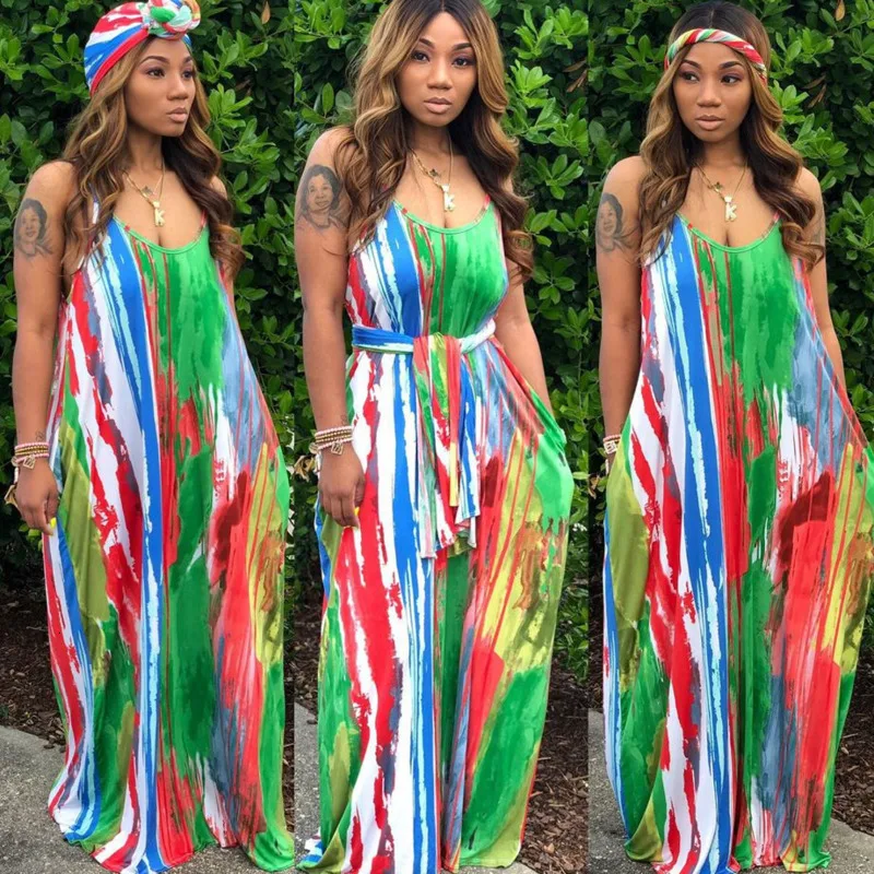 Сексуальное Платье макси с принтом Tie Dye, женское платье выше размера d Vestidos, элегантные свободные длинные платья на тонких бретелях размера плюс вечерние платья - Цвет: Colorful green