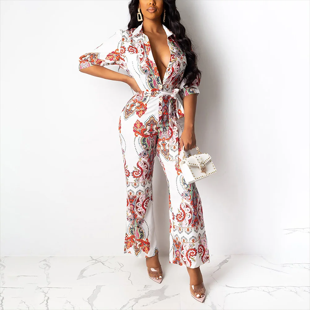 Seluxu Fall Autumn Women Jumpsuit Floral Print Jumpsuit Long Sleeve Turn-down Collar Jumpsuit Sashes Wide Leg Women Romper