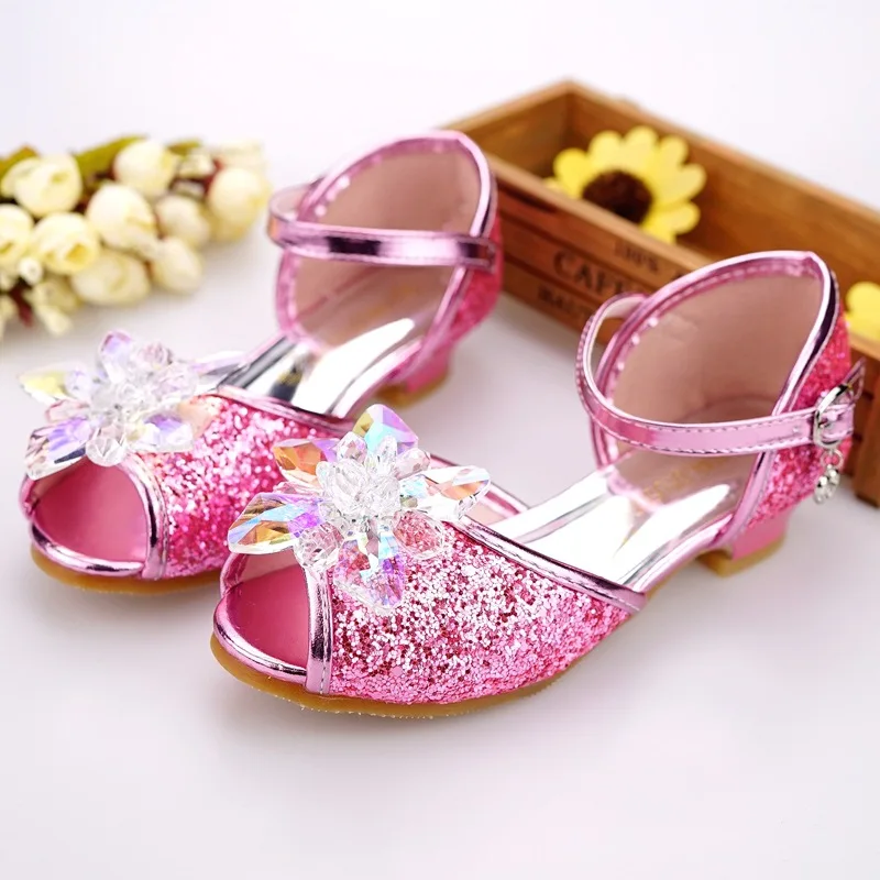 

New Style Tip Bearing Girls' Sandals Crystal-Style Fish Mouth Girls Shoes Small High Heel Sweet biao yan xie