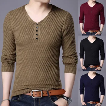 

Men's Fashionable New Solid Color Button V-Neck Long Sleeve Sweater Blouse SweaterCoats Male Warm Slim Fit clothing Pullovers