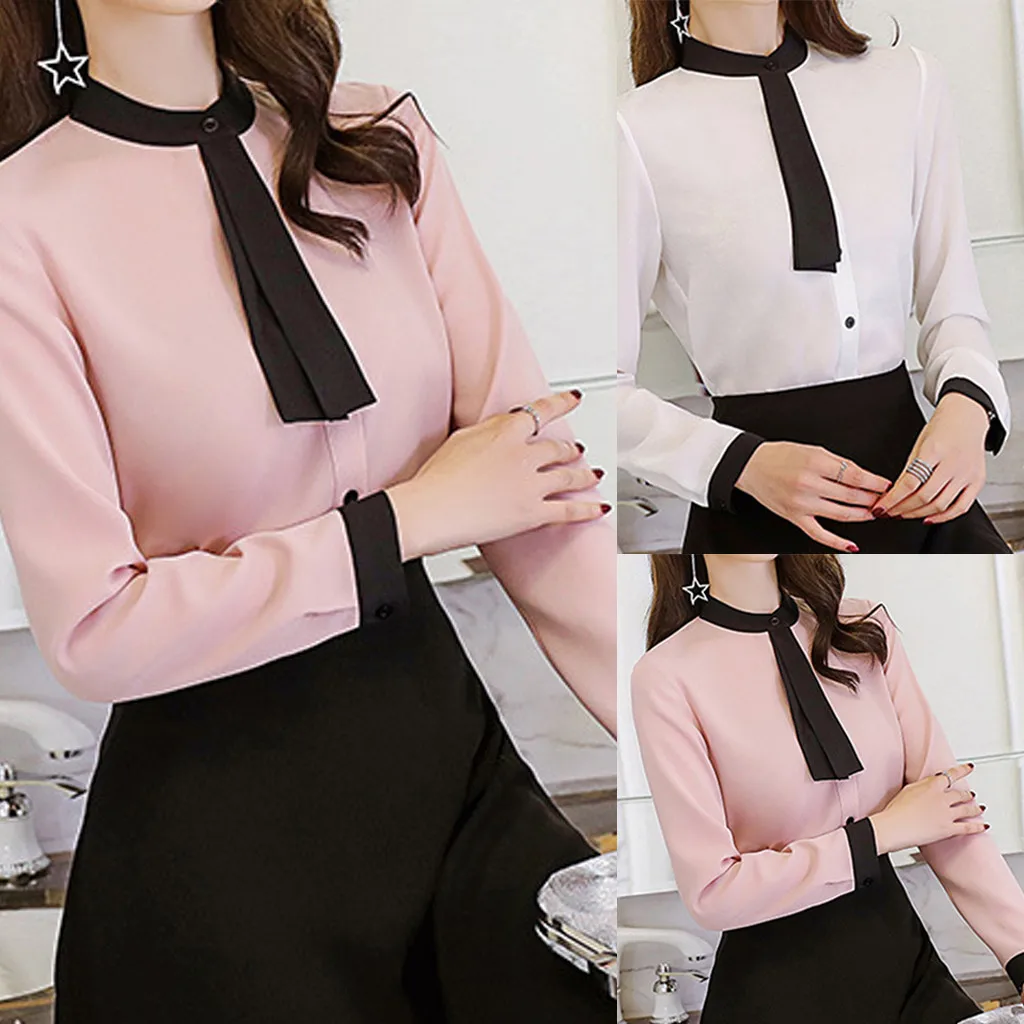 Женская шифоновая блузка с длинным рукавом женская Корейская стильная Лоскутная рубашка на пуговицах с галстуком женская одежда Chemisier Femme OY40