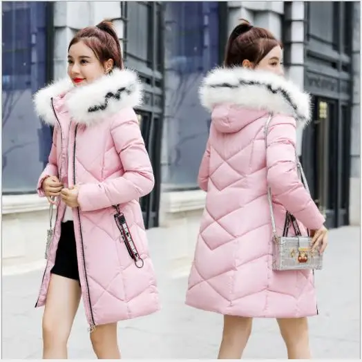 Pink Модные зимние женские парки размера плюс 4xl, пуховое хлопковое пальто, женская зимняя одежда средней длины,, с капюшоном, с меховым воротником, Manteau Femme H212 - Цвет: Pink