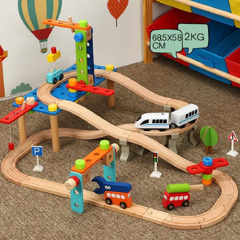 Деревянная железная дорога Игрушечный трек поезд набор детский слот Автостоянка гараж для автомобиля Железнодорожный транспорт Voiture головоломка трек игрушки для детей