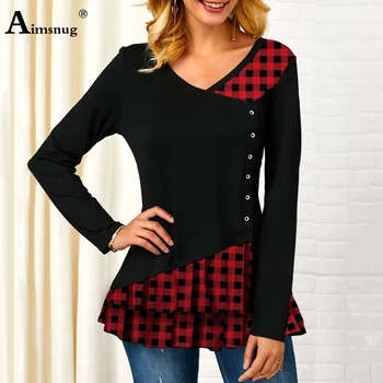 

Aimsnug Plus Size 4xl 5xl V-neck Simple Female Tops Long Sleeve Irregular Patchwork Plaid Print Tee shirt England Women T-shirt