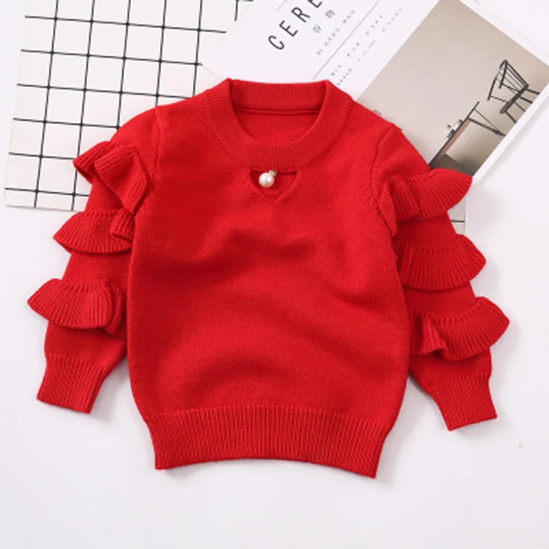 Новинка г.; осенние свитера для малышей; Зимний вязаный свитер для малышей; Детские свитера с оборками на рукавах; базовые свитера для девочек - Цвет: red
