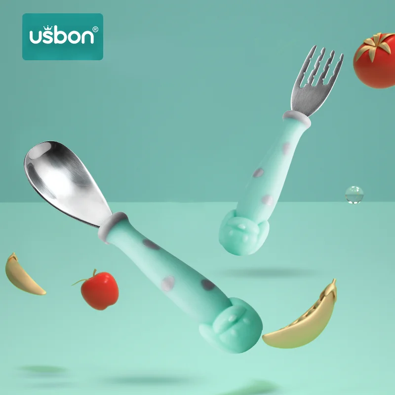 Usbon силиконовая детская ложка, набор ложек и вилок, коробка ложка для кормления из нержавеющей стали, Детские аксессуары для мелкой посуды
