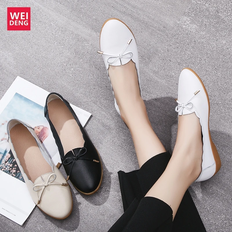 

WeiDeng Women Leather Casual Shoes Female Leisure Flat Loafers Bows Slip On Breathable Soft Lightweight Non Slip
