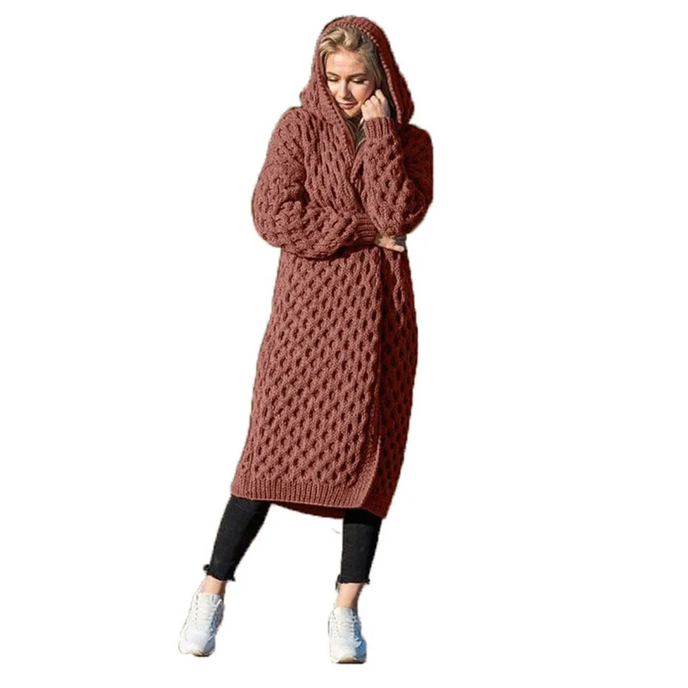 Fashion Women Cardigan Winter Warm Solid Color Knitted Sweater Hooded Cardigan Long Coat