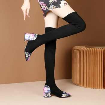 

2021 Stretch Flock Over The Knee Boots Pointed Toe Autumn Winter Women Shoes Fashion Square High Heel Long Boots Size 40