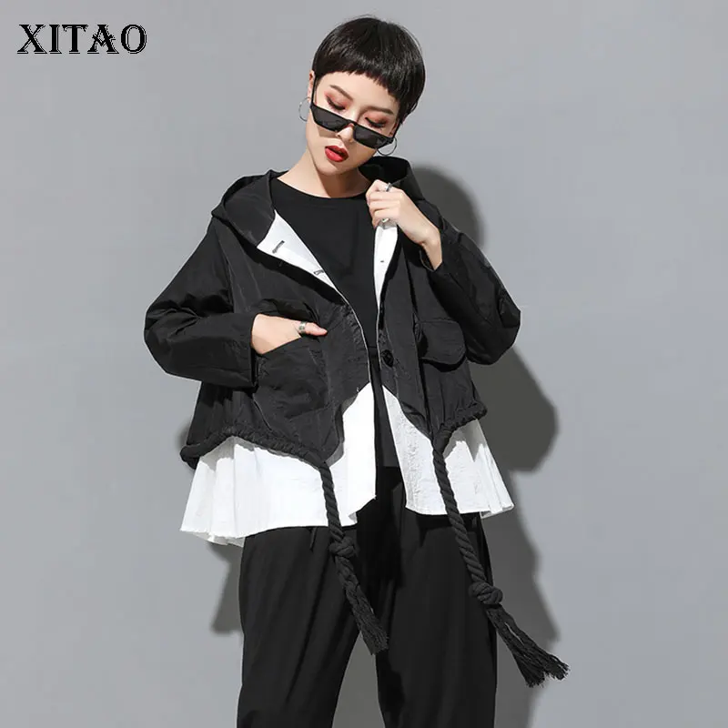 XITAO Черная куртка с капюшоном для женщин, корейская мода, новинка, имитация 2 частей, пэчворк, шнурок, карман, осень, свободная ZLL4255
