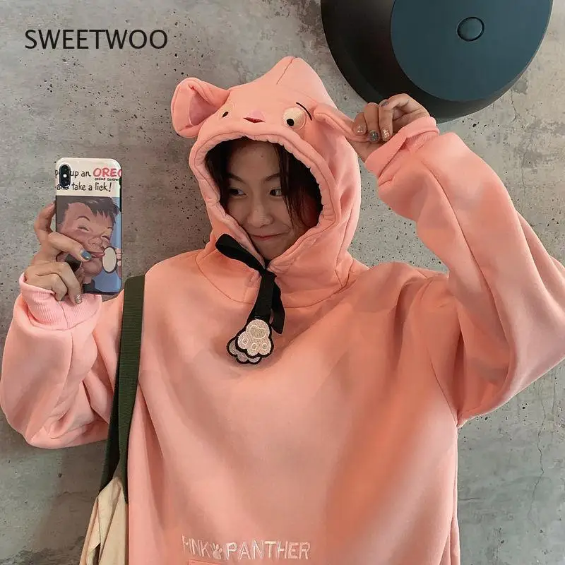 New Hoodies Women Winter Warm Thickening Sweet Cute Hat Long Sleeve Hooded Pullover Korean Loose Women's Tops Sweatshirt Loose