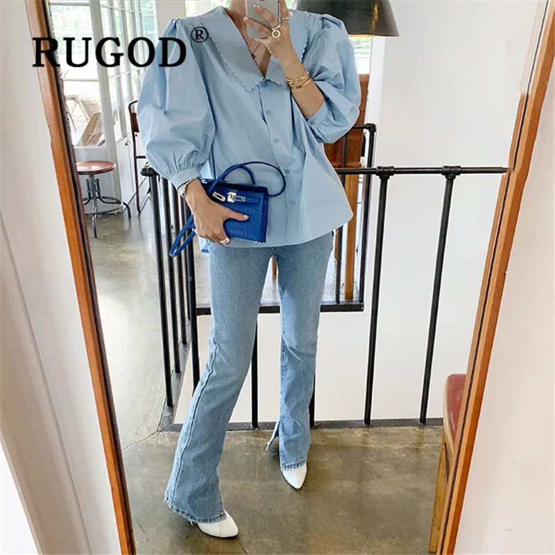 RUGOD корейский стиль шик Waveselvedge отложной воротник Элегантная блузка сплошной цвет с пышными рукавами Зимние Топы для женщин