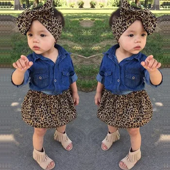 

Baby girl clothes Newborn clothes ropa niña одежда для новорожденных Denim Outfits Tops+Leopard Skirt + Headband 3PC Set #4