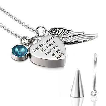 

God has You in his arms with Angel Wing Charm Cremation Ashes Jewelry Keepsake Memorial Urn Necklace with Birthstone Crystal