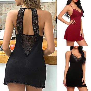 

Fashion Design Women's Solid Color Lingerie V-Neck Sleeveless Sleepwear Sling Nightgown Chemise Hollow Lace Underwear Dress