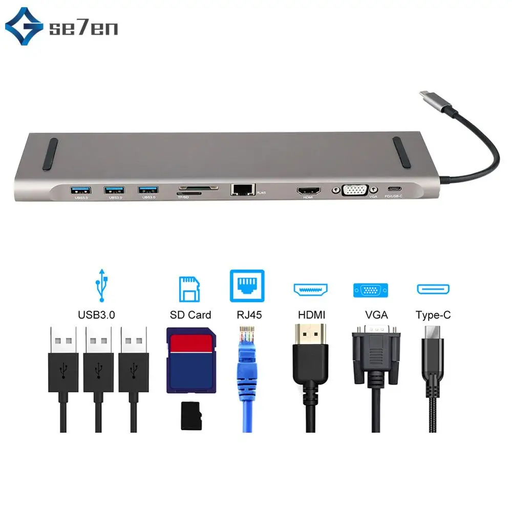 USB C концентратор USB C адаптер концентратор для RJ45 Ethernet HDMI концентратор данных/PD Зарядка 3 USB 3,0 SD/TF кард-ридер/3,5 мм аудио