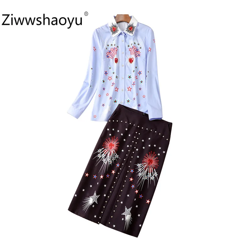 Ziwwshaoyu/высококачественный дизайнерский осенне-зимний костюм с юбкой женские модные Кристаллы и стразы принт со звездами Женский комплект 2 шт