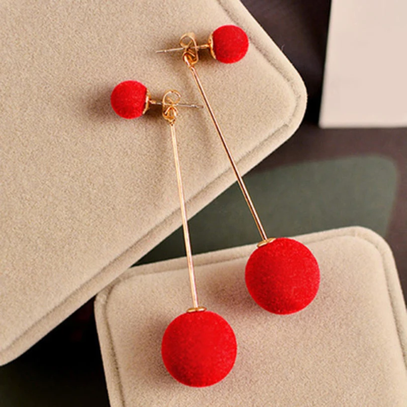 2 pairs/lot Long Ball Women Drop Earrings Red Black Grey Blue Plush pompom Earings Classic Elegant Ear Rings for Girls | Украшения и