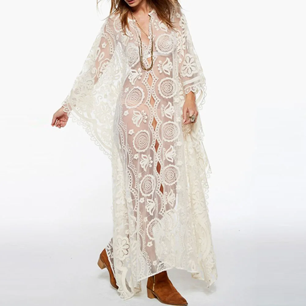 

See Through Lace Summer Beach Dresses Women Flower Embroidery Party Long Dress Sexy Batwing Type Holiday V-Neck Sundress