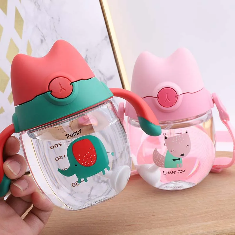 2 Use Baby Water Bottle with Straw 300ML Baby Sippy Cup Infant Feeding Bottle with Handle&Sling Drinking Bottle Training Cup