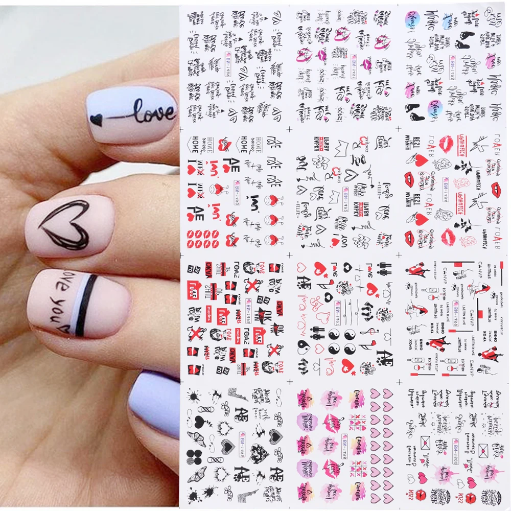 Nail Stickers nail art decoration nail decals flower stickers 12pcs Valentines Manicure Love Letter Flower Sliders for Nails Inscriptions Nail Art Decoration Water Sticker Tips