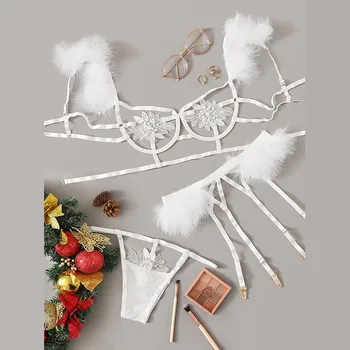 

Fashion Sexy Lingerie Bra Set Women Sexy Exquisite Mesh Feather Bra Garter Briefs Underwear Set Babydoll Cut-Out Bras Lingerie