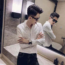 Осенняя мужская рубашка модная кружевная Лоскутная рубашка-смокинг с длинным рукавом Однотонная уличная мужские повседневные рубашки приталенная Мужская блузка