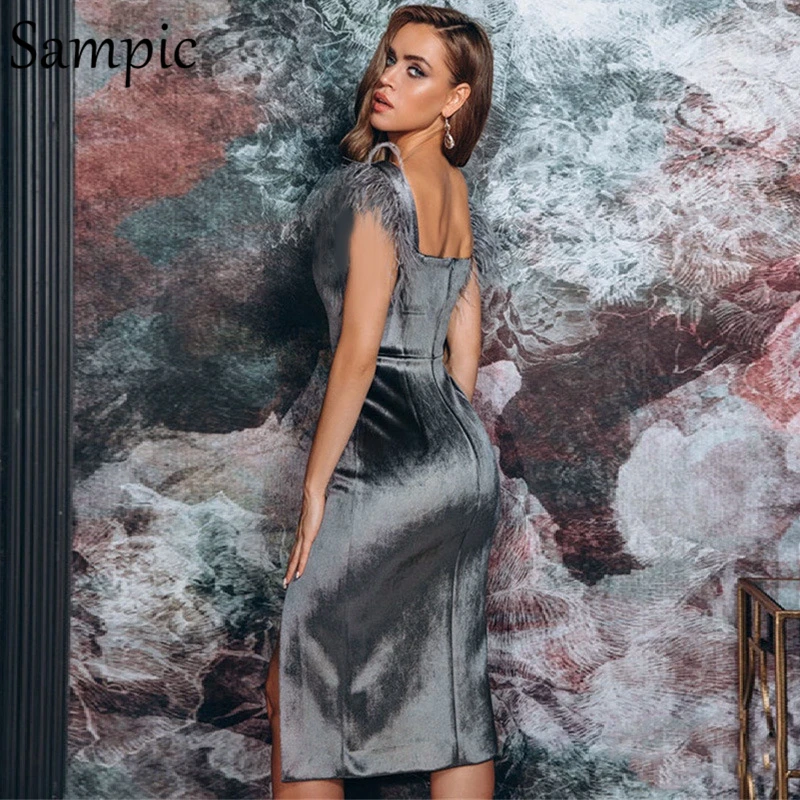 Sampic, сексуальное, с разрезом, вельветовое, для женщин, формальные, вечерние, для ночного клуба, облегающее, длинное платье, в винтажном стиле, зимнее, черное, Степ, пэтчворк, перо, платье