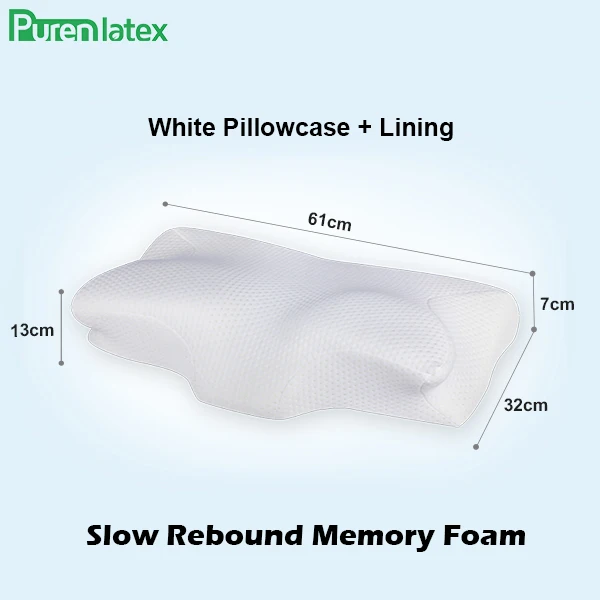 White Pillowcase Purenlatex 13cm Contour Memory Foam Cervical Pillow Orthopedic Neck Pain Pillow for Side Back Stomach Sleeper White Case Pillows - Color: White Pillowcase