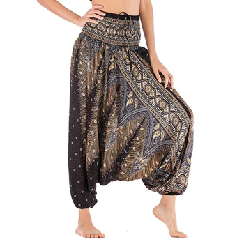 

LASPERAL Women Cargo Pants Thai Indian Cotton Linen Print Boho Festival Hippie Trousers Baggy Loose Elastic Waist National Style