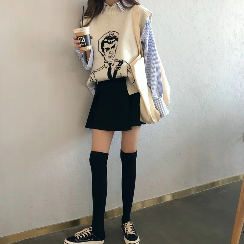 PERHAPS U women vest sweater crew neck knitted pullovers sleeveless green white winter police print M0130 - Цвет: Бежевый