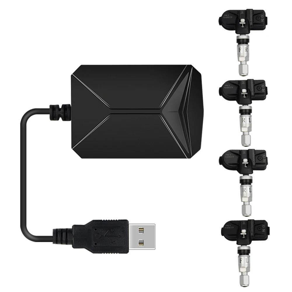 USB TPMS Android Car Tire Pressure Monitor with 4 External Sensors 116 psi Monitoring Alarm System 5V Wireless Transmission TPMS