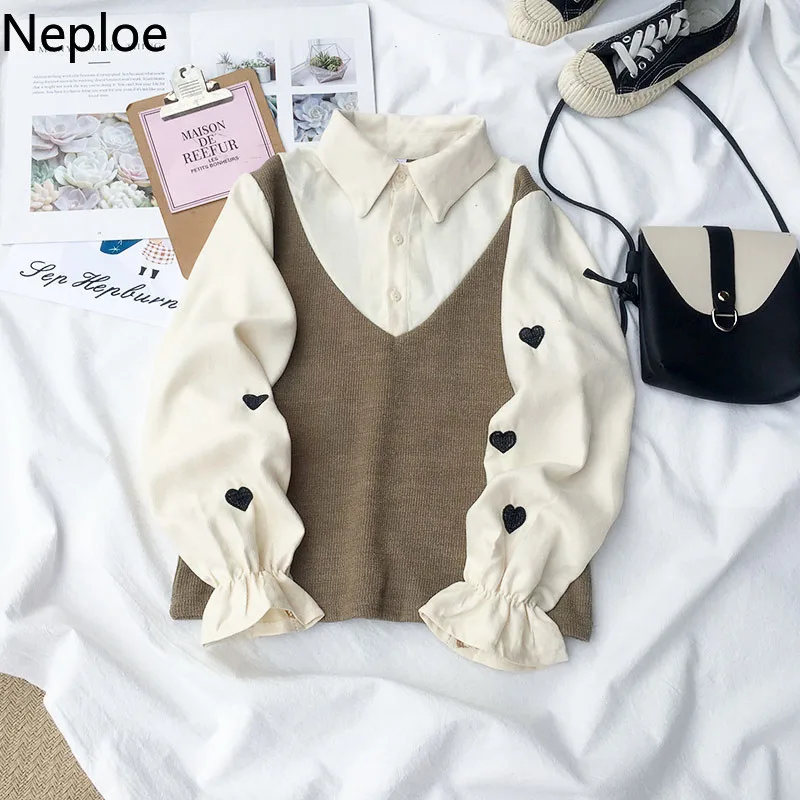Neploe Япония Harajuku стиль поддельные из двух частей блузка любовь вышивка с длинным рукавом рубашка лоскутное вельветовые Blusas весна осень
