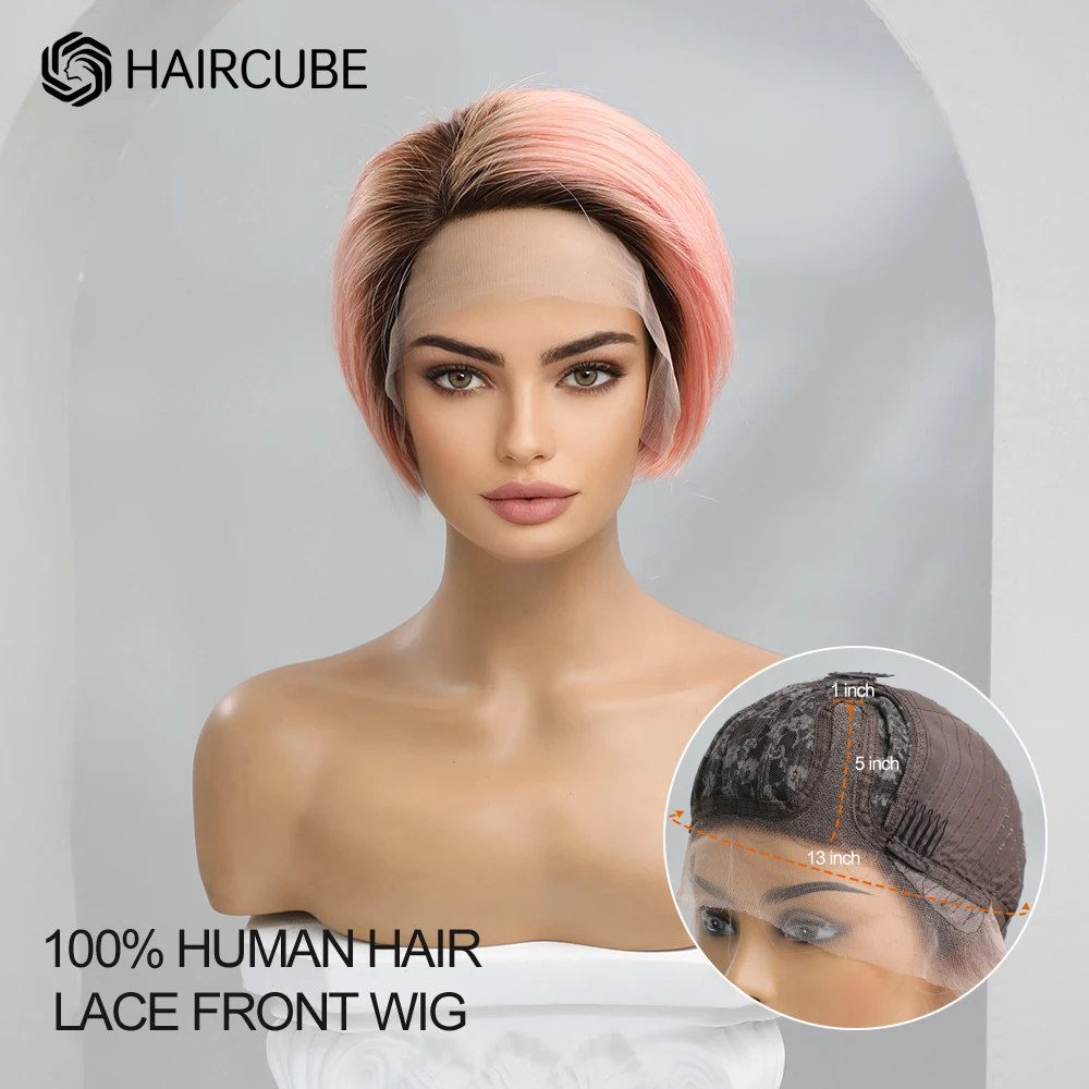 

HAIRCUBE Omber розовые человеческие волосы 13*1 кружевной передний парик для женщин с боковым разделением натуральные прямые короткие волосы Remy парики