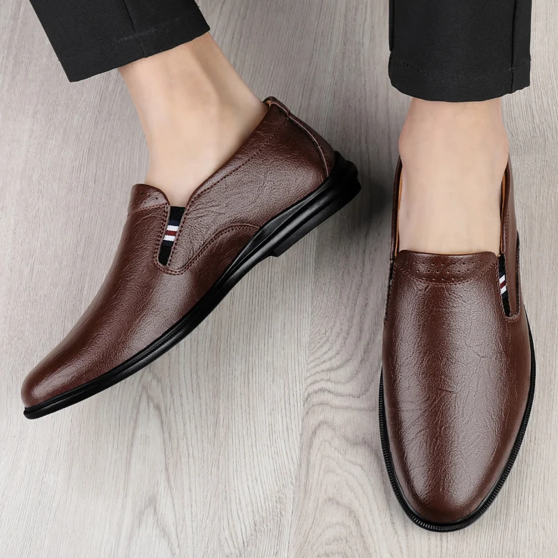 Luxury Leather Men's Casual Shoes Fashion Elastic Fabric Slip on Shoes for Men Hand Sewing Breathable Dress Shoes Size 38-44