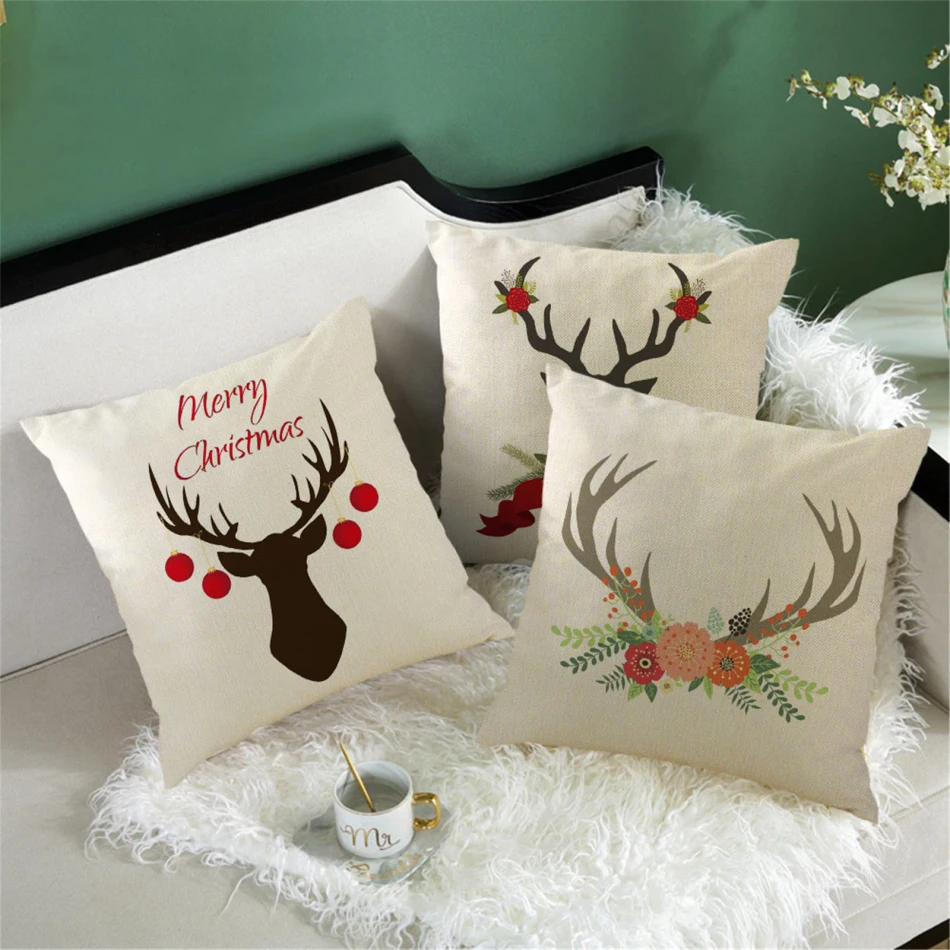 

Fuwatacchi Christmas Deer Flower Pillow Case Festival Sofa Decoration Cushion Cover Linen Throw Pillowcases Home Decor 45x45cm