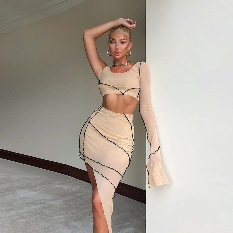 

Women Skirt Suit Set Clothes Lounge Wear One-shoulder Top And Mesh Cropped Irregular Skirt Two Piece Set Women Suits Outfits