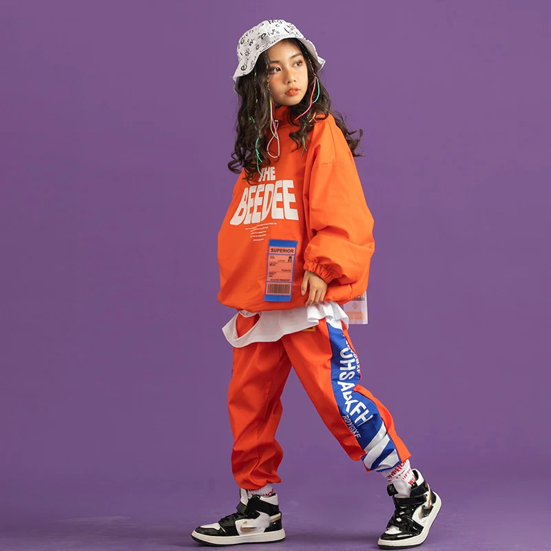 Children Hip Hop Dance Costumes Orange Jacket Hiphop Suit Girls