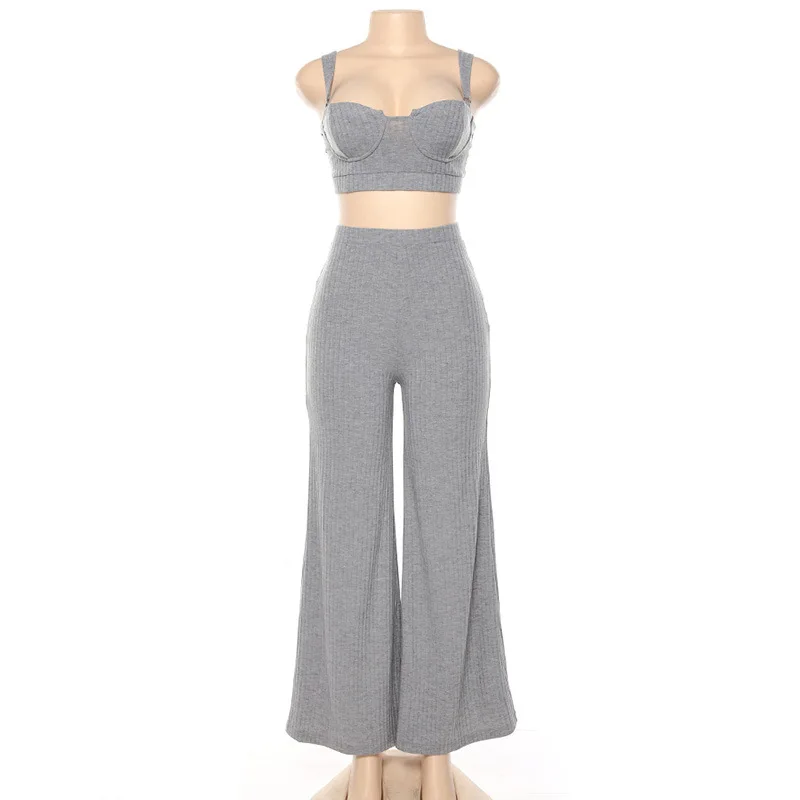 Криптографический Модный комплект из двух предметов, женские полосатые укороченные топы и широкие штаны с высокой талией, повседневные осенние женские комплекты - Цвет: grey