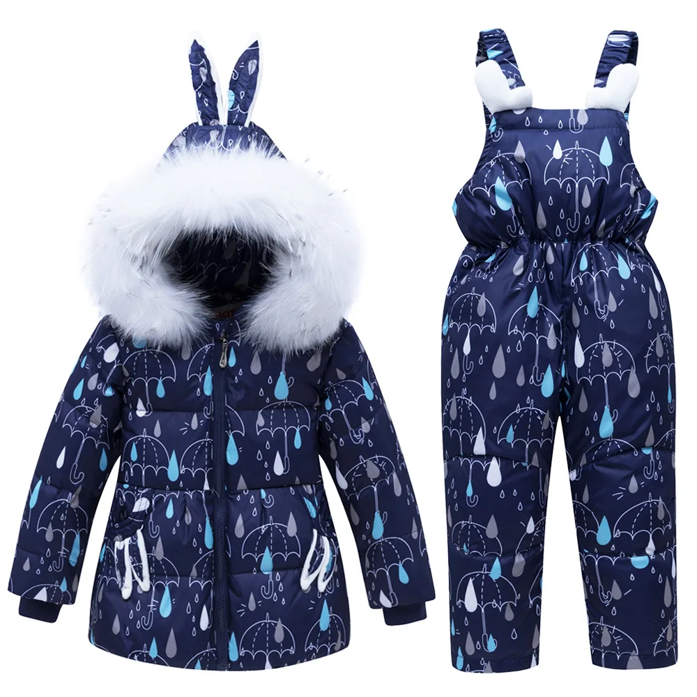 

-30 Degrees Russia Winter Ski Suit Baby Infant Warm Real Fur Collar Hooded Ski Set Baby Child Down Jacket+Pant Down