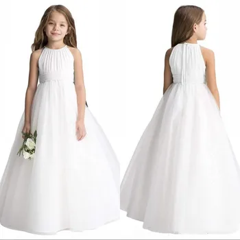 

Custom White Ivory Flower Girl Dresses Jewel Tulle Satin Girls Pageant Gowns First Communion Dress Size 2-16Years