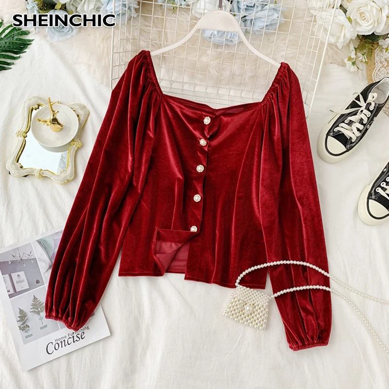 

High Quality 2019 Autumn Women Blouse Elegant Single Breasted Pearls Button Vintage Blouse Blusas Casual Red/Black/White Tops