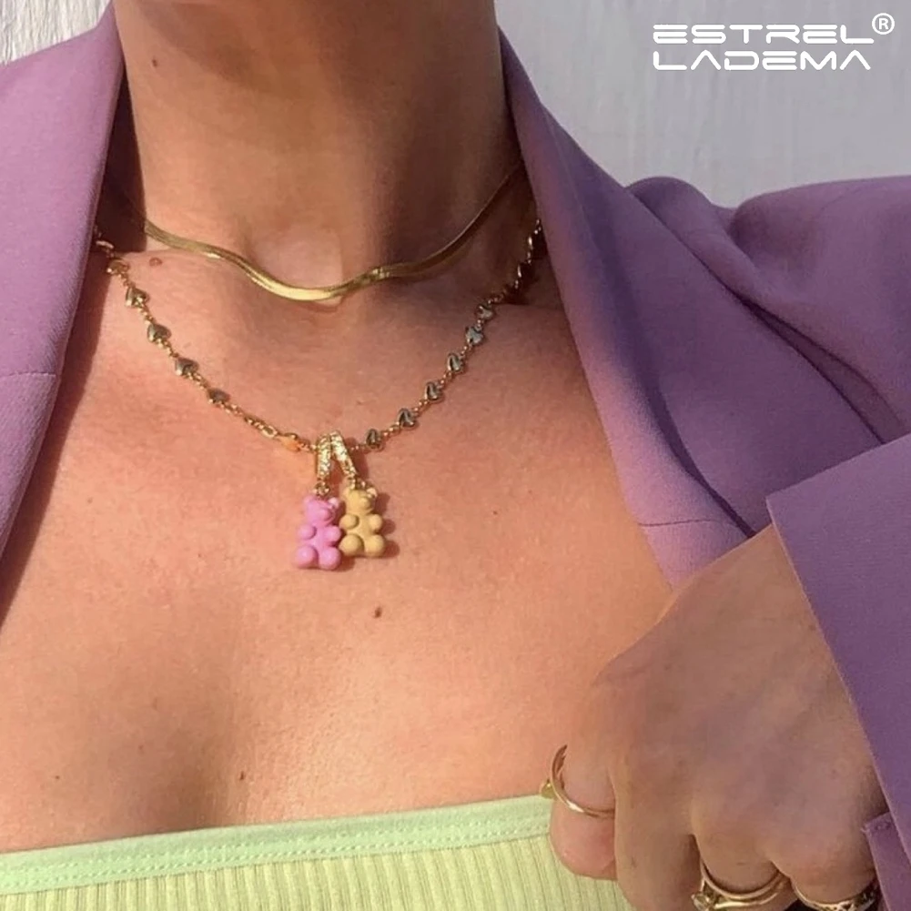 

Sweet Colorful Candy Bear Zircon Pendant Necklace For Women Girls Gold Silver Color Heart Metal Chain Necklaces Y2K Jewelry New